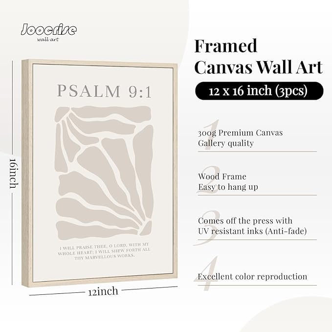 Joocrise Scripture Christian Wall Art Set of 3 Beige Bible Verses Wall Decor Neutral Psalm Canvas Wall Art Modern Pictures Flower Prints Christian Artwork for Living Room Bedroom 12x16 Inch Framed