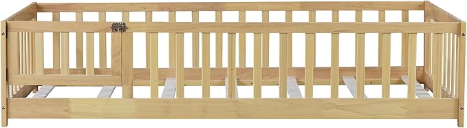 Bellemave Twin Size Floor Bed Frame with Fence and Door for Kids, Montessori Floor Bed with Slats and Safety Guardrails,Solid Wood Twin Bed Frame for Girls Boys,Natural