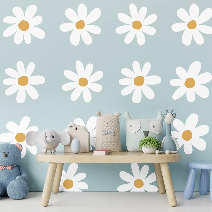 TaoBary 12 Sheets Daisy Wall Decal Flower Wall Sticker Cute Daisy Sticker Pink White Flower Decal Peel and Stick Floral Wallpaper for Nursery Bedroom Home Decor(White, Yellow,Vintage Style)