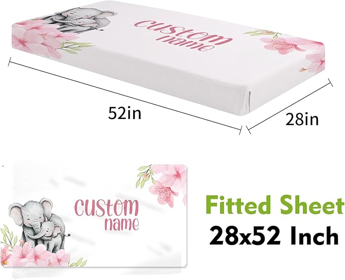 Personalized Crib Bedding Set for Boys Girls, Custom Baby Crib Sets with Name, Pink Flower Elephant Design Nursery Bedding 2 Piece - Soft Blanket with Double Layer Dotted Backing, Crib Fitted Sheet