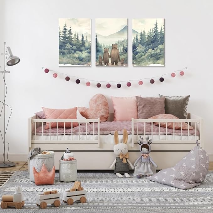 Rustic Bear Family Nursery Decor, Forest Animals Woodland Wall Decor, Love of A Family of Four, Set of 3 Canvas Prints, Landscape Bear Wall Art for Boy's Room Decor, Framed 12"x16"x3
