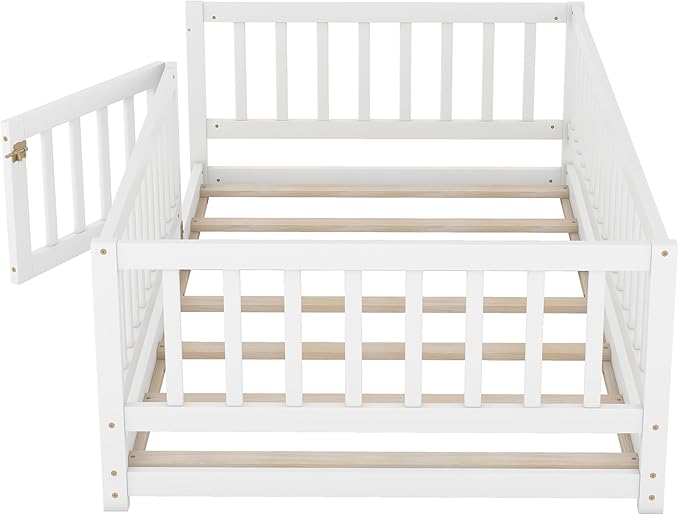 Twin Size Floor Bed Frame with Door and Slats,Montessori Floor Bed with Safety Guardrails for Girls Boys,Solid Wood Kids Montessori Bed Twin Size,White