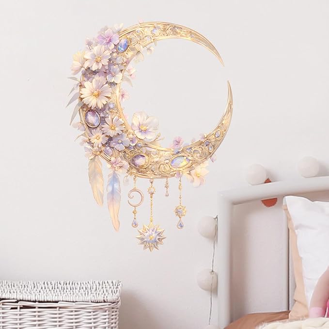Dream Catcher Wall Decals Removable Moon Floral Vinyl Stickers for Nursery Living Room and Kids Playroom Fantasy Theme Decor Peel and Stick Wall Art