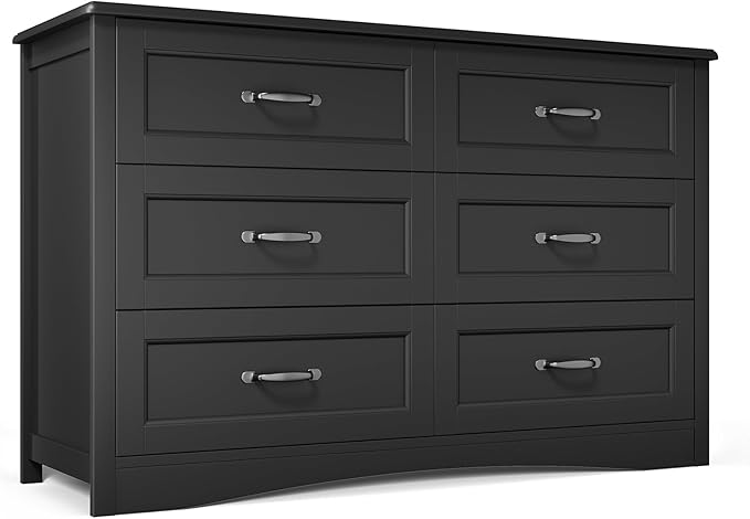 Gizoon 6 Drawer Dresser for Bedroom，47'' Larger Chest of Drawers with Mental Handle for Kids Room, Black Dresser with 6 Storage Drawers for Living Room, Entryway and Hallway, Black