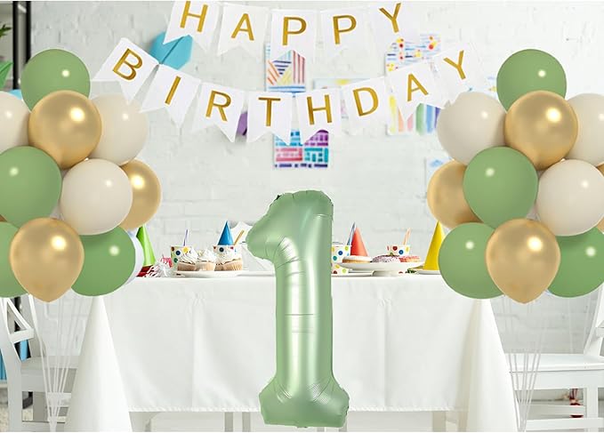 Sage Green First Birthday Decorations For Boys, 40inch Olive Green Number 1 Balloon And Happy Birthday Banner Set With 12inch Sage Green Cream Metallic Gold Balloons For Kids 1st Birthday Decorations