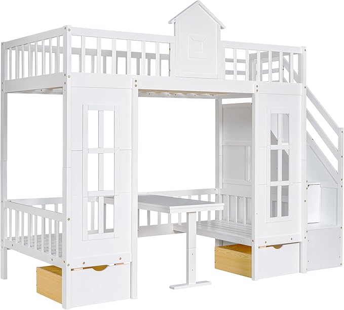 Playhouse Twin Size Loft Bed with Storage Staircase, Solid Wood Bunk Bed Frame with Guardrail for Kids Teens Boys Girls, Down Bed Convertible to Seats and Table Set (White-C)