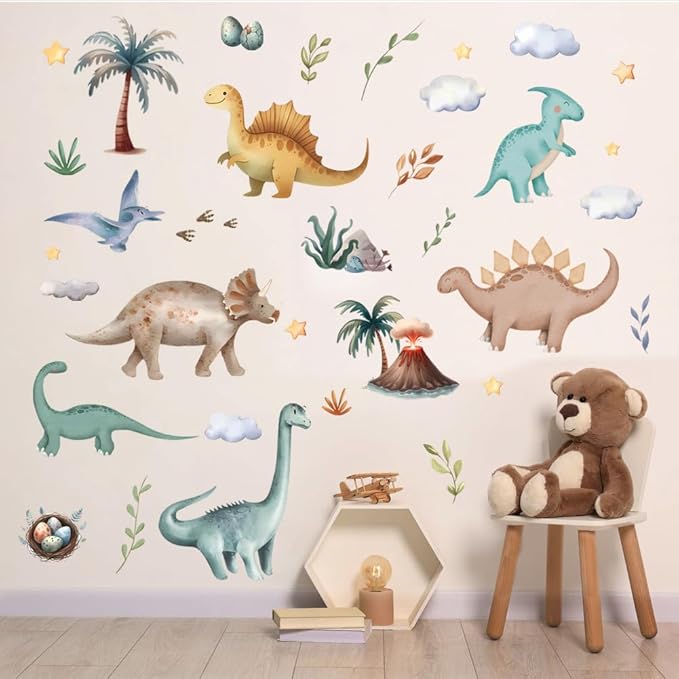Cute Dinosaur Wall Sticker Peel and Stick Dino Wall Decal Palm Tree Volcano Wall Art Decor Green Plant Wall Sticker for Bedroom Nursery