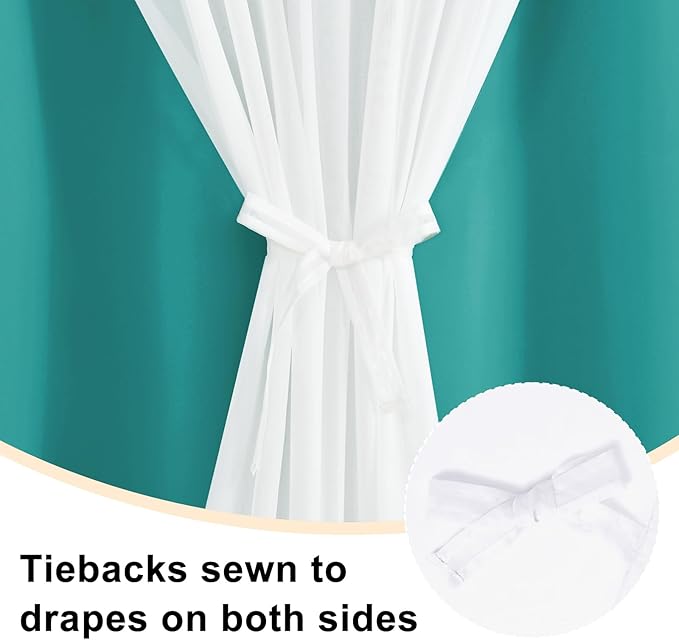 Hiasan Mix&Match Blackout Curtains with Sheer Overlay, Double Layer Thermal Insulated Privacy Grommet Window Curtains for Girls Bedroom,Living Room,2 Drape Panels with Tiebacks,Peacock Teal,52W X 96L