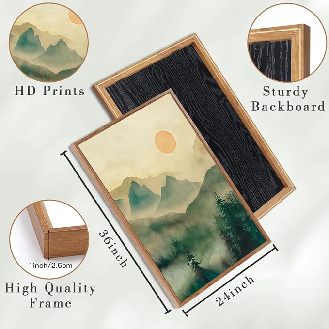 IARTTOP Large Forest Green Wall Art Framed 24x36 Inch Foggy Mountain Landscape Canvas Art Prints Nature Landscape Wall Decor for Living Room Bedroom Office Set of 3