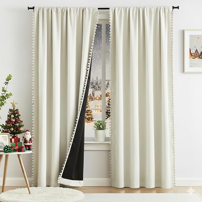 Ivory Full Blackout Curtains for Living Room Bedroom 95 inch Energy Saving Window Curtains Ivory/ Beige Pom Pom Thermal Insulated Curtain Panels for Baby Nursery Girl's Room 52"W Rod Pocket 1 Pair