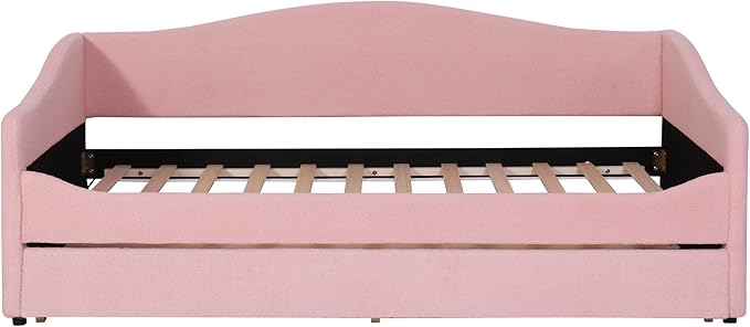 Merax Twin Size Upholstered Daybed with Light and Trundle, Pink Teddy Fleece Sofa Bed Modern Wooden Platform Bed Frame for Bedroom, Living Room, Guest Room, Apartment