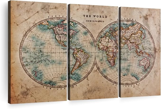 ElephantStock Hemisphere Map Wall Art Multi Piece Canvas - 3 Piece Canvas World Map Wall Decor - Wall Decor Print - Vintage Wall Art - 65" X 42"