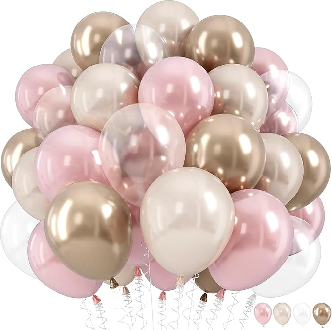 Dusty Pink and Gold Balloon, 12 Inch Double Stuffed Pearl Pastel Blush Pastel Pink Light White Metallic Gold Latex Balloons for Women Girls Birthday Baby Bridal Shower Wedding Boho Party Decorations
