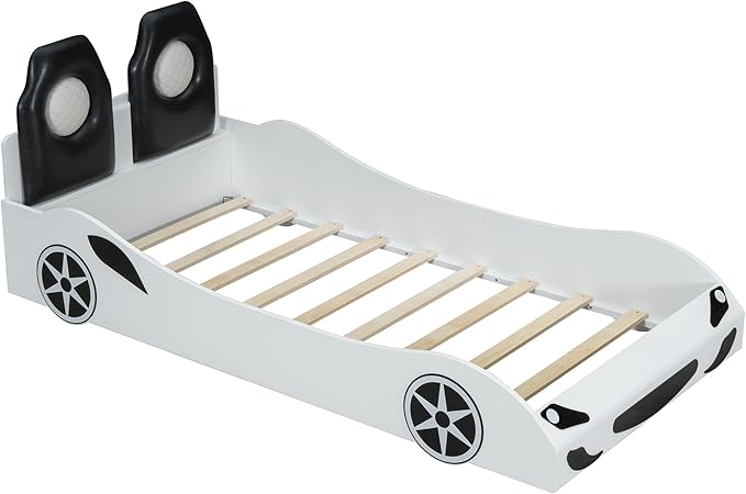 Twin Size Race Car-Shaped Platform Bed with LED and Upholstered Backrest, Solid Wood Upholstered Car Bed Frame with 2 Seats for Kids Boys Girls Bedroom (White-31U)