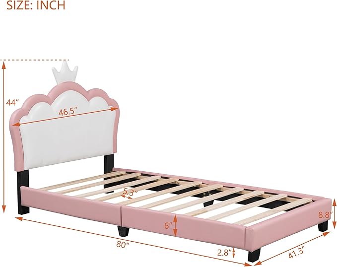 Twin Size Princess Bed Frame with Crown Shaped Headboard for Kids,Upholstered Platform Bed with Slats Support,Twin Girls Bed,Twin Bed for Girls Teens,Pink