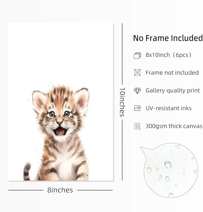 Wodkwq Nursery Wall Art Safari Animal Canvas Prints Baby Girl Boy Room Decor Poster Pictures Cute Jungle Theme Toddler Room Decoration Painting Set of 6 for Kids Bedroom Bathroom 8x10in Unframed