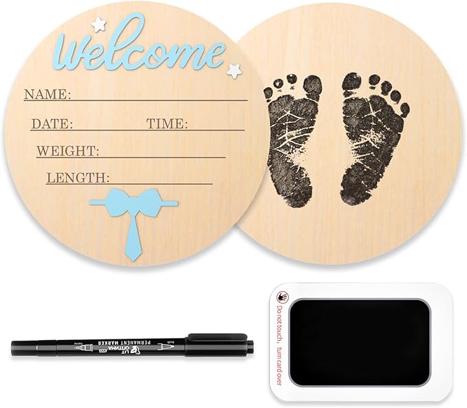 Baby Birth Announcement Sign - 3D Wooden Baby Birth Sign with Marker Pen, Tuxedo Blue Tie Newborn Name Announcement with Ink Pad for Girls Nursery Decor Keepsake Gift