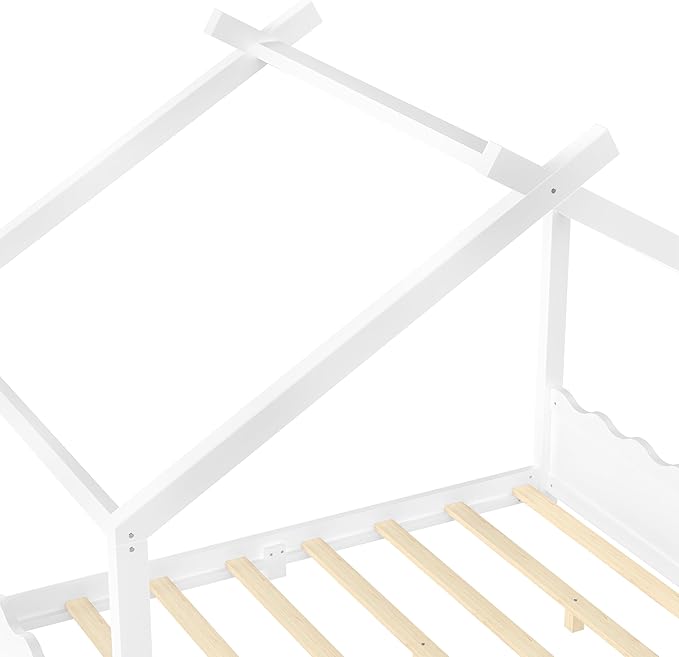 Full Size Wooden House Floor Bed - Kids Bed Frame with Roof & Support Slats for Bedroom, No Box Spring Needed, Easy Assembly (White)