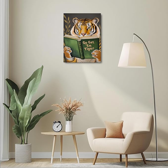 Motivational Tiger Reading Book Lovers Gifts Bookish Gifts Wall Decor Canvas Wall Art Framed Prints Artwork for Home Living Room Library Office Humorous Study Decorations Painting 11.5X14.5 Inch