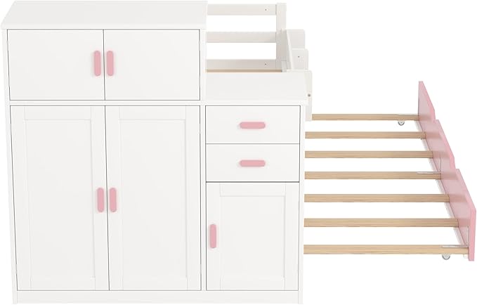 Merax Twin Size Corner Bed with Trundle and Drawers, Wooden Daybed Frame with Movable Wardrobe, Two Bookshelves, and Safety Guardrail, Twin Bed Frame for Kids, Boys Girls, Easy Assembly,Pink