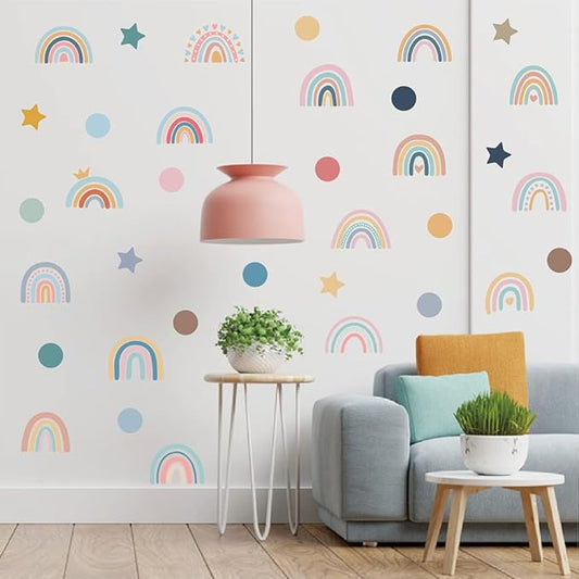 Bohemian Rainbow Wall Decals for Kids Room – 152 Pcs Removable Waterproof Pastel Vinyl Stickers with Rainbows, Stars, Dots | 8 Sheets Peel & Stick Wall Art for Bedroom, Playroom & Nursery(Style B)