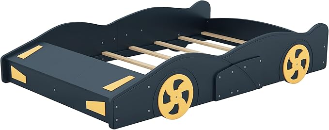 Full Size Race Car-Shaped Platform Bed with Wheels and Storage,Wood Car Bed Frame W/Guardrails,No Box Spring Required,for Boys Toddlers Kids Child's Bedroom,Dark Blue+Yellow