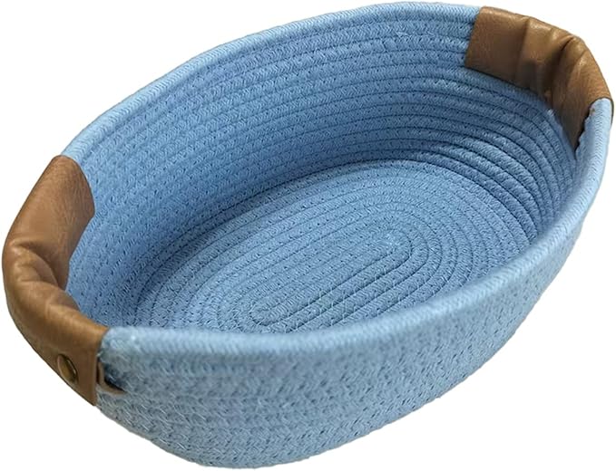 Small Cotton Woven Basket with PU Leather Handle, Baby Kids Clothes Toys Candy Gifts Cotton Rope Organizer, Living Room Basket Bathroom Shower Storage Laundry Basket, Dog Cat Bed, Cute Decor, Blue