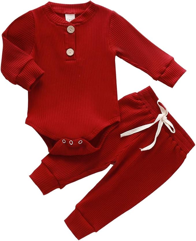 Newborn Baby Boy Girl Clothes Ribbed Knitted Cotton Long Sleeve Romper Long Pants Solid Color Fall Winter Outfits