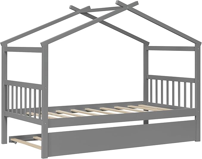 Harper & Bright Designs Twin House Bed for Kids, Wood Platform Bed with Trundle, Montessori Bed with Roof, Playhouse Trundle Beds for Kids,Teens, Bedroom, Gray