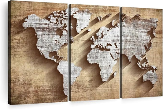 ElephantStock Dimensional World Map II Multi Piece Canvas - 3 Piece Canvas World Map Wall Decor - Wall Decor, Ready-to-Hang Print - Vintage Wall Art - 23" X 14"