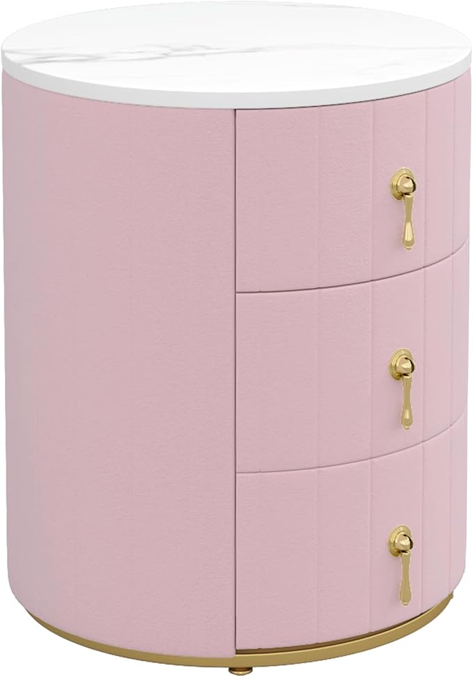 Bellemave Set of 2 Upholstered Nightstand with 3 Drawers, Two Round Bedside Tables with Metal Handles, Velvet End Tables, Marbling Stickers Top Nightstands (Pink)
