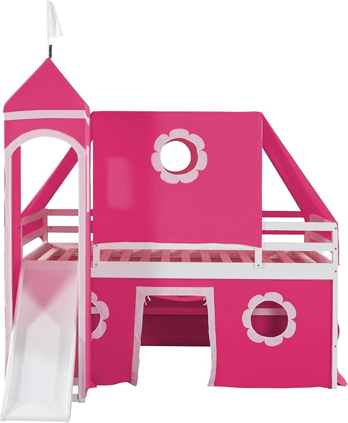 Full Size Low Loft Bed with Slide & Tent and Tower, Playhouse Design Solid Wood Tent Bed Frame for Kids Boys Girls, Versatile Spacious Under Bed Space with Curtains (Pink-FF)