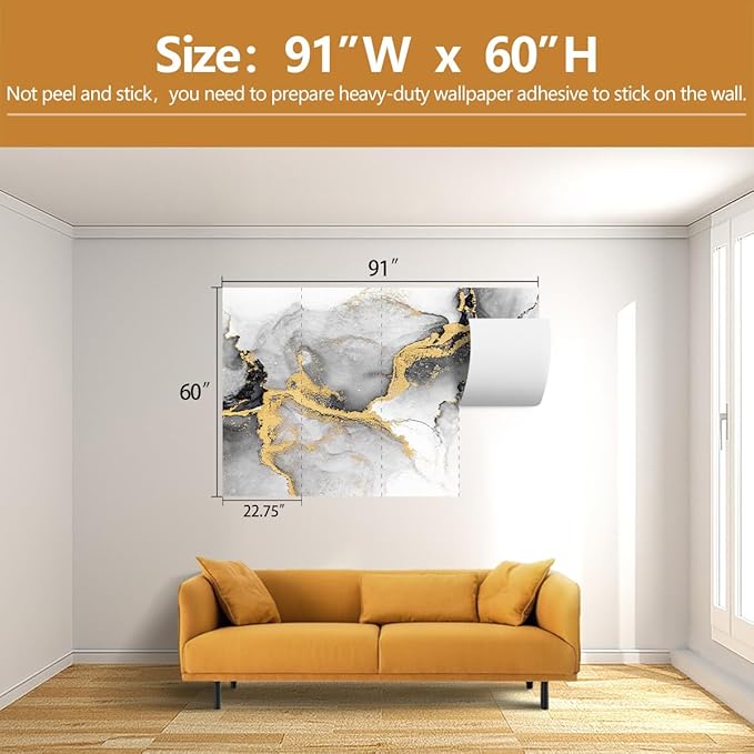 Black Gold Marble Wallpaper Abstract Ink Art Large Background Mural Living Room Office（Not Peel and Stick）