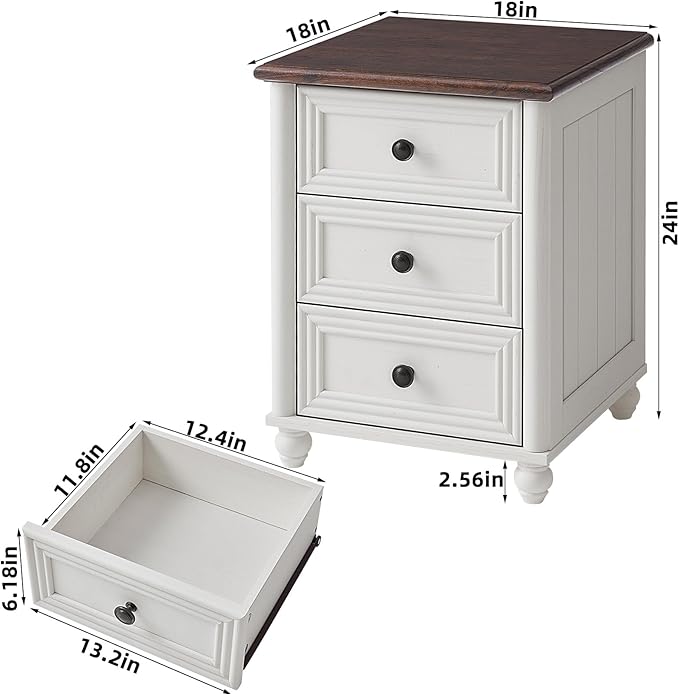18" Farmhouse Night Stand Set of 2, White Wood Nightstand with 3 Drawers, Bedside End Table with Storage and Roman Column, Bed Side Tables Cabinet for Bedroom, Living Room, and Closet
