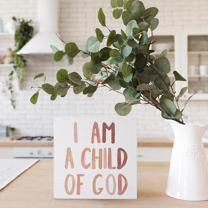 Boho Neutral Baby Girl Boy Nursery Decor - I am a Child of God Christian Wood Box Sign Desk Decor, Toddler Boy Girl Room Decor, Christian Desk Decor, Bible Verse Decor, 5x5