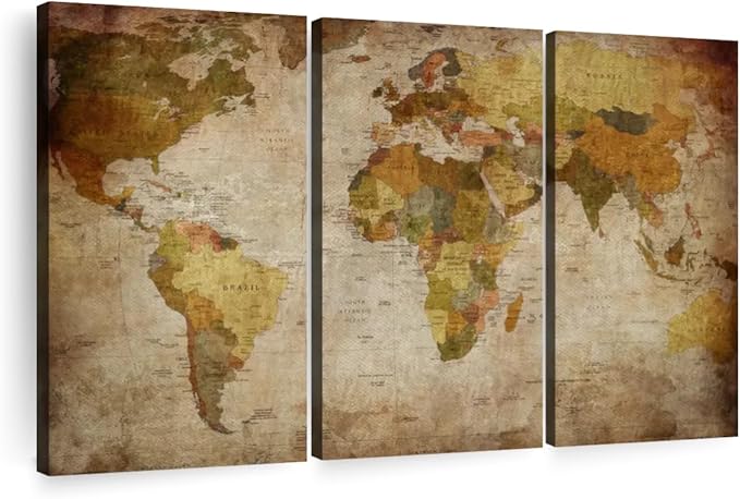 ElephantStock World Map Multi Piece Canvas - 3 Piece Canvas World Map Wall Decor - Wall Decor - Ready-to-Hang Print - Vintage Wall Art - 45" X 28"
