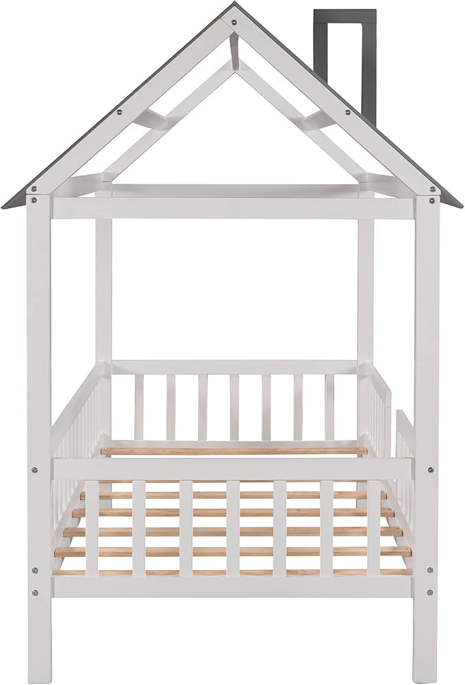 Bellemave Twin House BedFrame with Roof, Montessori Floor Bed, House Bed with Rails for Kids, White+Gray