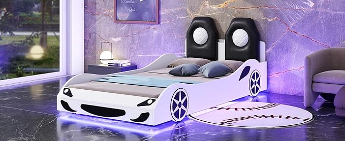 Harper & Bright Designs Wood Twin Size Race Car-Shaped Platform Bed with LED and Upholstered Backrest, White