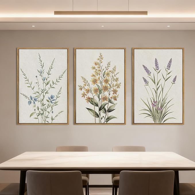 Anyzal Extral Large Neutral Floral Wall Art Beige Botanical Wall Decor Wildflower Painting 24x36 Inch Set of 3 for Living Room Bedroom Dining Room