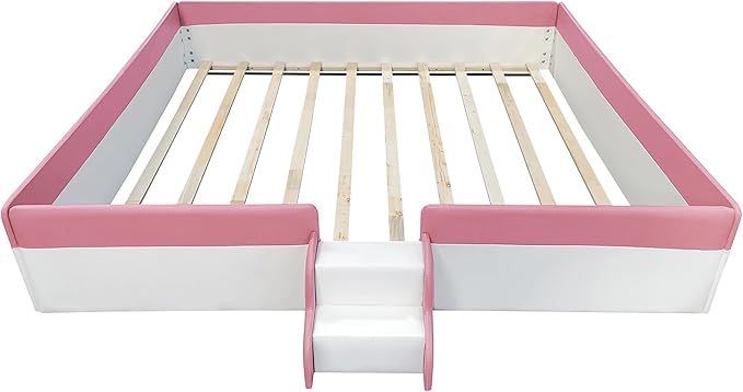 King Size Upholstered Daybed Frame with Fence and Stairs, Montessori Kids Floor Bed with Sturdy Slat Support for Kids Boys Girls