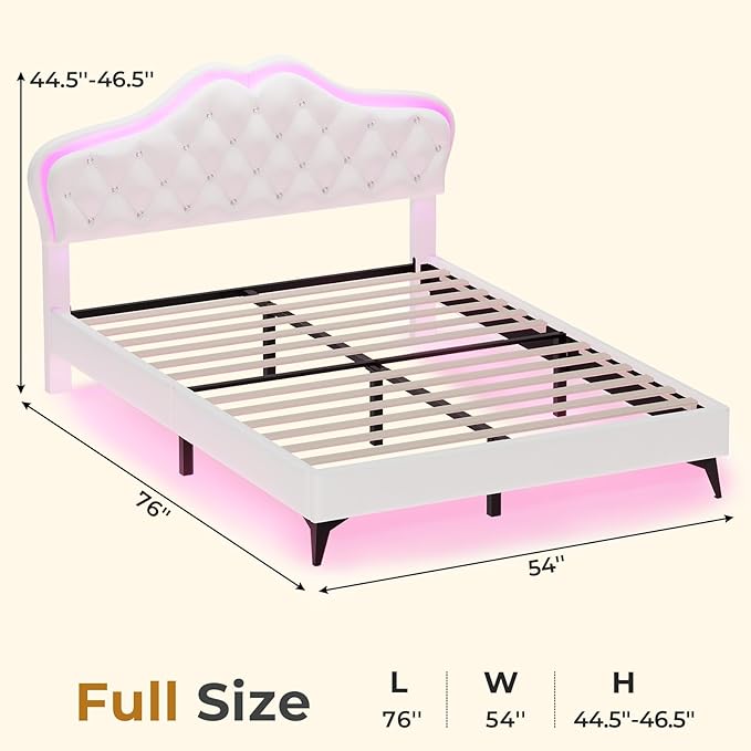 ADORNEVE Full Bed Frame with RGB LED Lights, Princess Bed Frame with Adjustable Crystal Button Headboard, Velvet Upholstered Platform Bed for Girls, Solid Wooden Slats, Easy Assembly, Creamy White