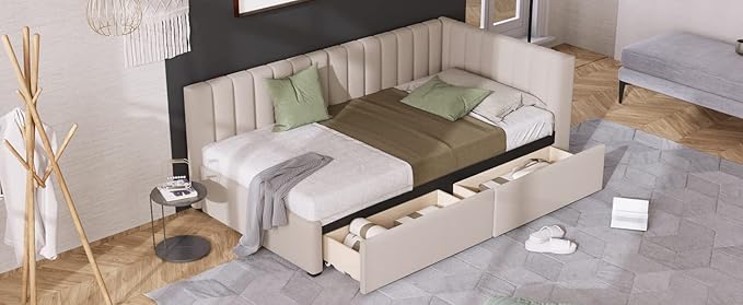 Harper & Bright Designs Upholstered Daybed with 2 Storage Drawers Twin Size Sofa Bed Frame No Box Spring Needed, Linen Fabric (Beige)