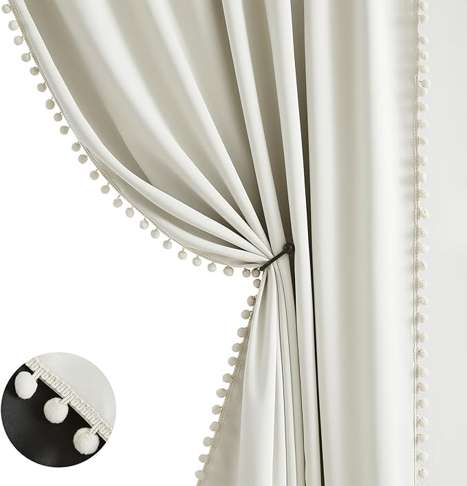 Treatmentex Natural Blackout Curtains for Bedroom Living Room 84inch Long Iovry/Beige Pom Pom Curtain Panels for Windows Thermal Insulated Curtains for Kids Nursery Room Rod Pocket 52" W x 2pcs