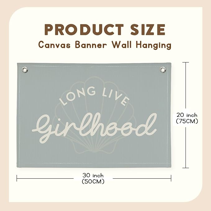 Cute Blue Coastal Girls Room Decor,Beach Room Decor Long Live Girlhood Sea Shells Linen Hanging Banner Flag for Nursery Playroom Wall,Toddler Decorations Trendy 30x20,girlroom