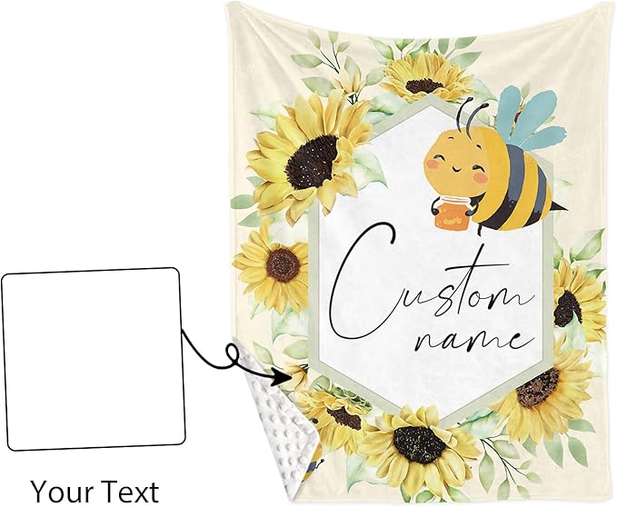 Personalized Crib Bedding Set for Boys Girls, Custom Baby Crib Sets with Name, Yellow Bee Design Nursery Bedding 2 Piece - Soft Blanket with Double Layer Dotted Backing, Crib Fitted Sheet