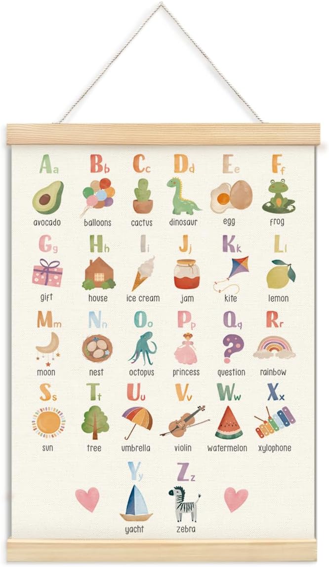 ShowDraven Alphabet Poster Hanger Frame, Nursery Toddler Room Wall Decor, ABC Banner Wall Art with Wooden Frames, Alphabet Banner Wall Hanging Decor for Toddler Playroom Nursery,12x16 Inch