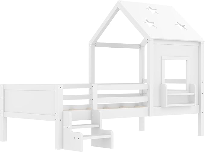 Bellemave Twin House Bed with Rails or guardrails and Bookcase, Wooden Twin House Shape Platform Bed for Boys, Girls, Teens, White