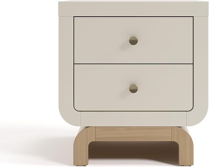 Storkcraft Santorini 2 Drawer Nightstand (Frosted Oat & Driftwood) - GREENGUARD Gold Certified Nightstand for Kids Bedroom, Premium Wood with Curved Base, “Champagne” Metal Knobs