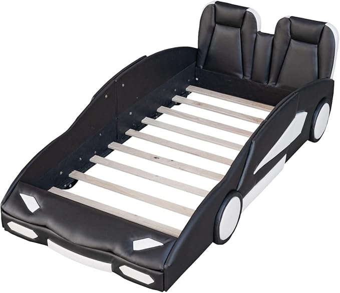 Harper & Bright Designs Twin Size Race Car-Shaped Platform Bed with Wheels, Black