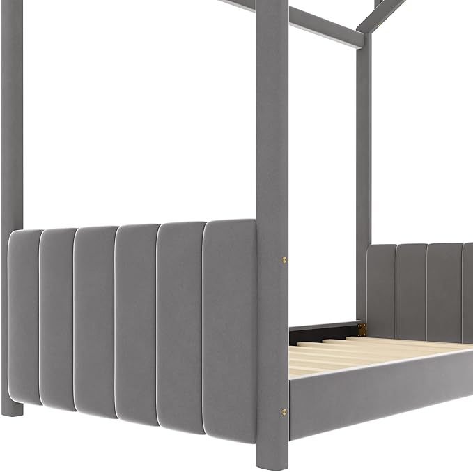Ball & Cast Twin Size Floor Bed,Low to Ground Design Montessori Bed with Roof,Velvet Toddler House Bed Frame W/Slats,No Box Spring Needed,for Girls Boys,Gray